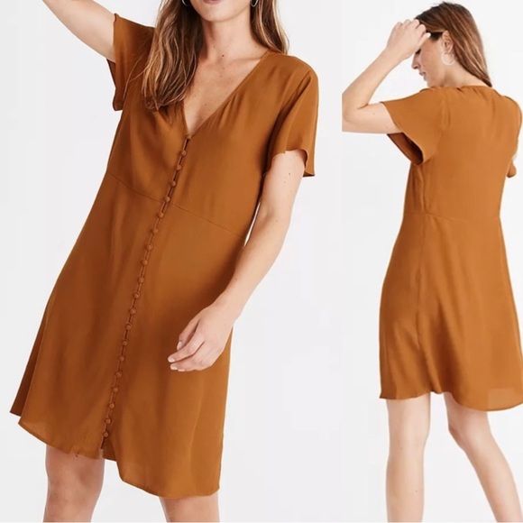 Madewell Ochre Brown Crepe Vneck Button Front Dress S - Picture 1 of 8